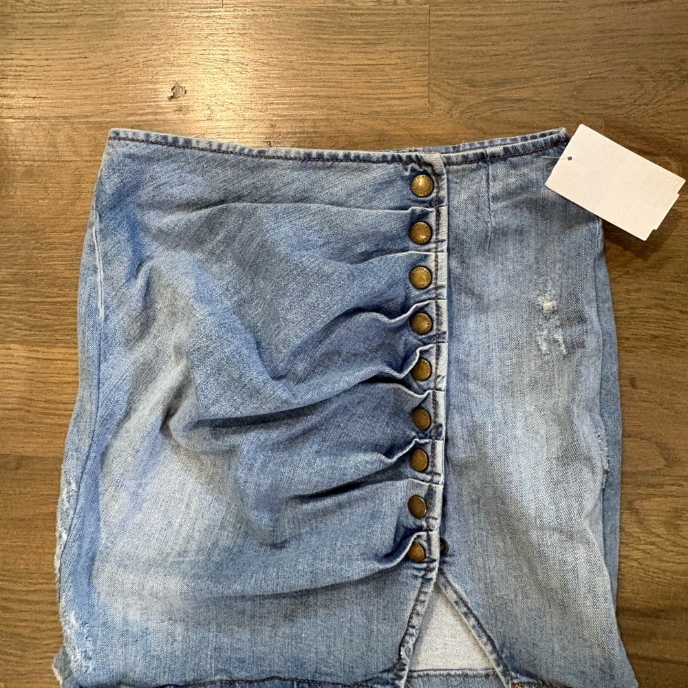 Retrofete Blue Ruched Denim Mini Skirt with Brass Buttons